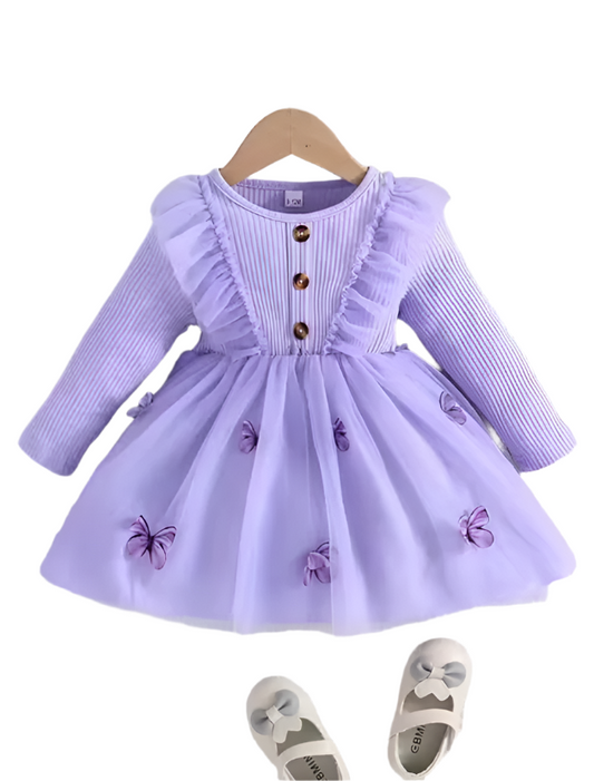 solid ruffle detailed long sleeves frock