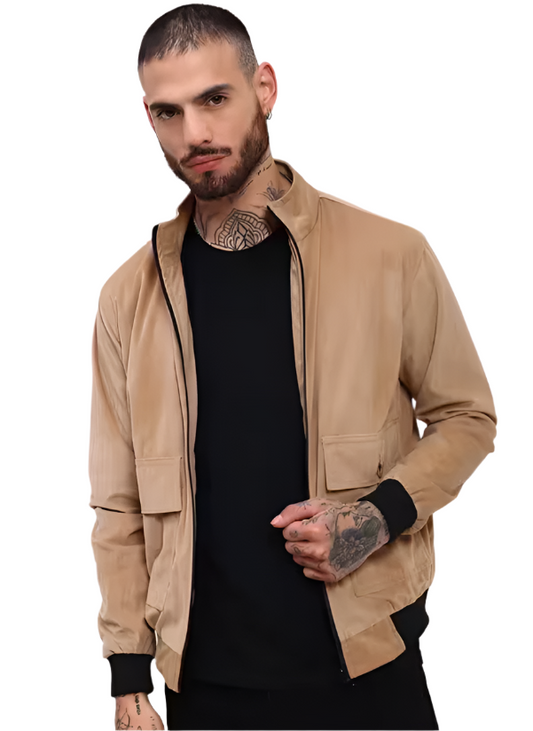 beige solid velvet casual jacket