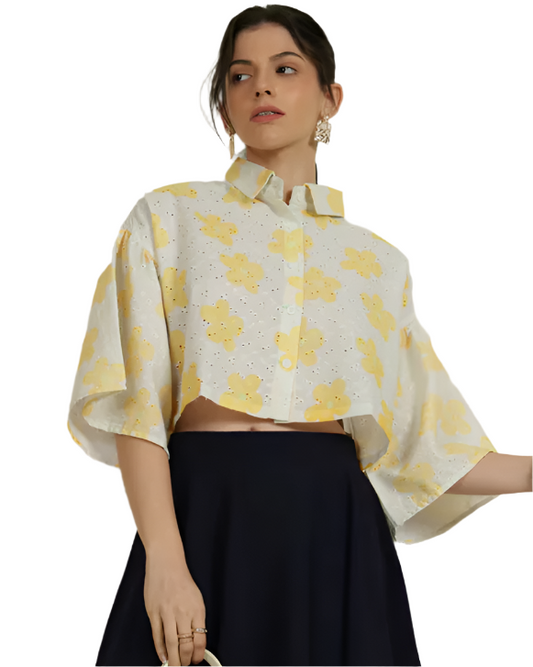Kimono Sleeve Spread Collar Crop Shirt