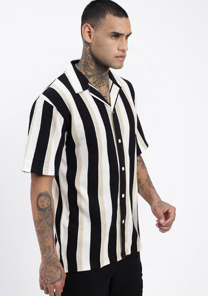 loose fit striped cuban collar casual shirt