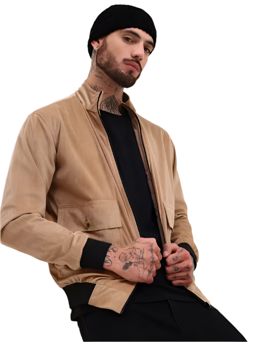 beige solid velvet casual jacket