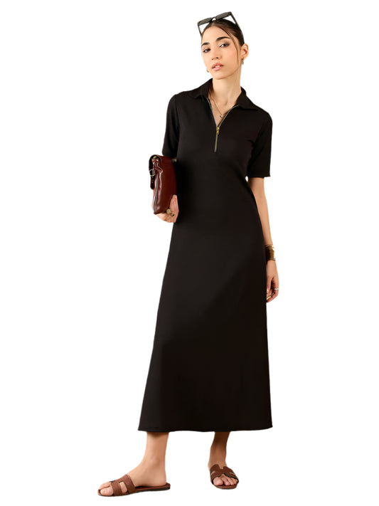 Stretchable Front Zip-up Midi Dress