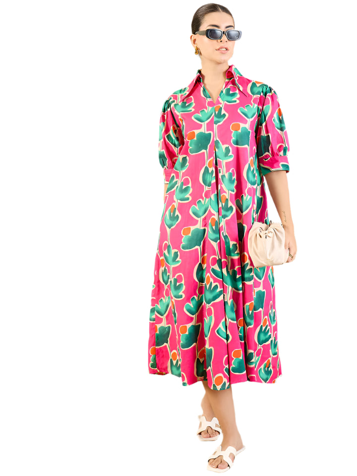 Front Pleated Cotton Midi Dress