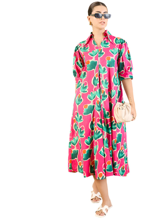 Front Pleated Cotton Midi Dress
