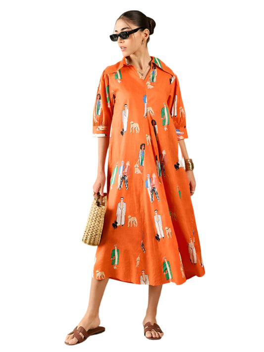 Front Pleated Cotton Midi Dress